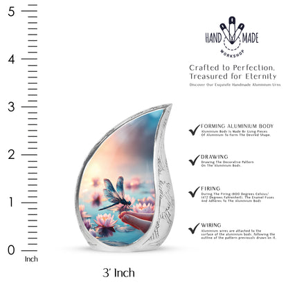 Amber Gold Dragonfly Cremation Urn angled view of lid and engraved motif - flowing teardrop dragonfly silhouette on curved aluminum - mini keepsake memorial for portion of cremation ashes