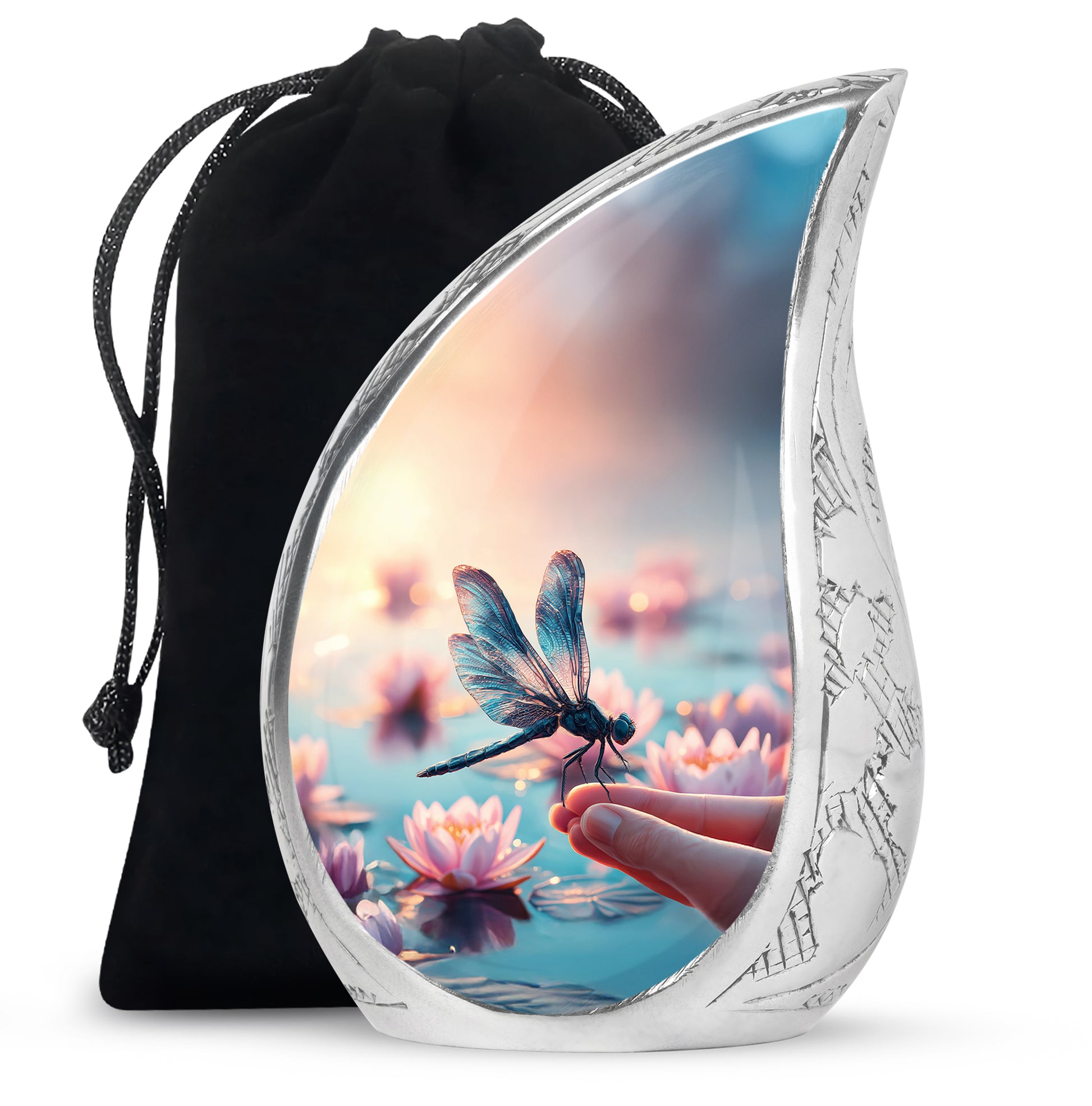 Warm Gold Dragonfly Cremation Urn front view showing detailed design - smooth teardrop contour featuring dragonfly art - full-size 10 inch 200 cubic inch adult cremation urn