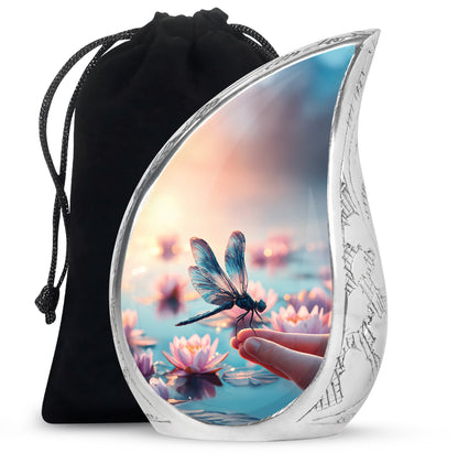 Warm Gold Dragonfly Cremation Urn front view showing detailed design - smooth teardrop contour featuring dragonfly art - full-size 10 inch 200 cubic inch adult cremation urn