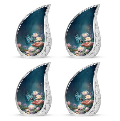 Cornflower Blue Dragonfly Cremation Urn close-up of engraving and surface detail - smooth teardrop contour featuring dragonfly art - 10 inch aluminum urn for cremated remains