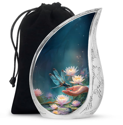 Soft Blue Dragonfly Cremation Urn front view showing detailed design - smooth teardrop contour featuring dragonfly art - full-size 10 inch 200 cubic inch adult cremation urn