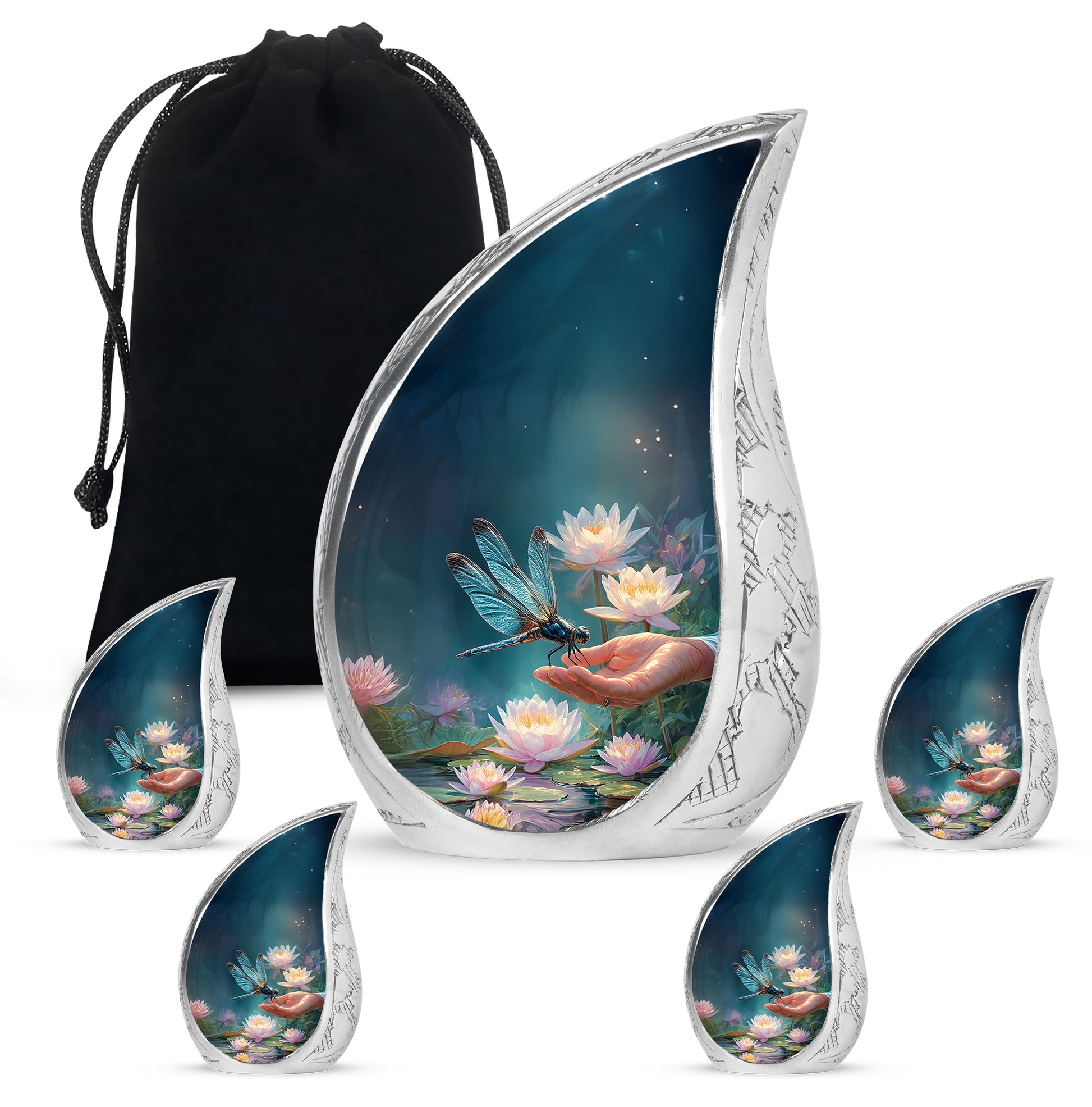 Twilight Blue Dragonfly Cremation Urn side profile showing urn shape - graceful tear-shaped urn with dragonfly motif - memorial set with one large and four small urns