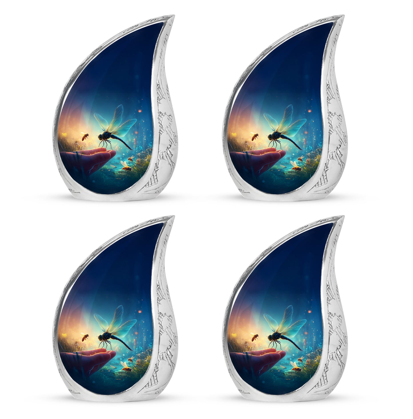 Navy Blue Dragonfly Cremation Urn close-up of engraving and surface detail - flowing teardrop dragonfly silhouette on curved aluminum - 10 inch aluminum urn for cremated remains