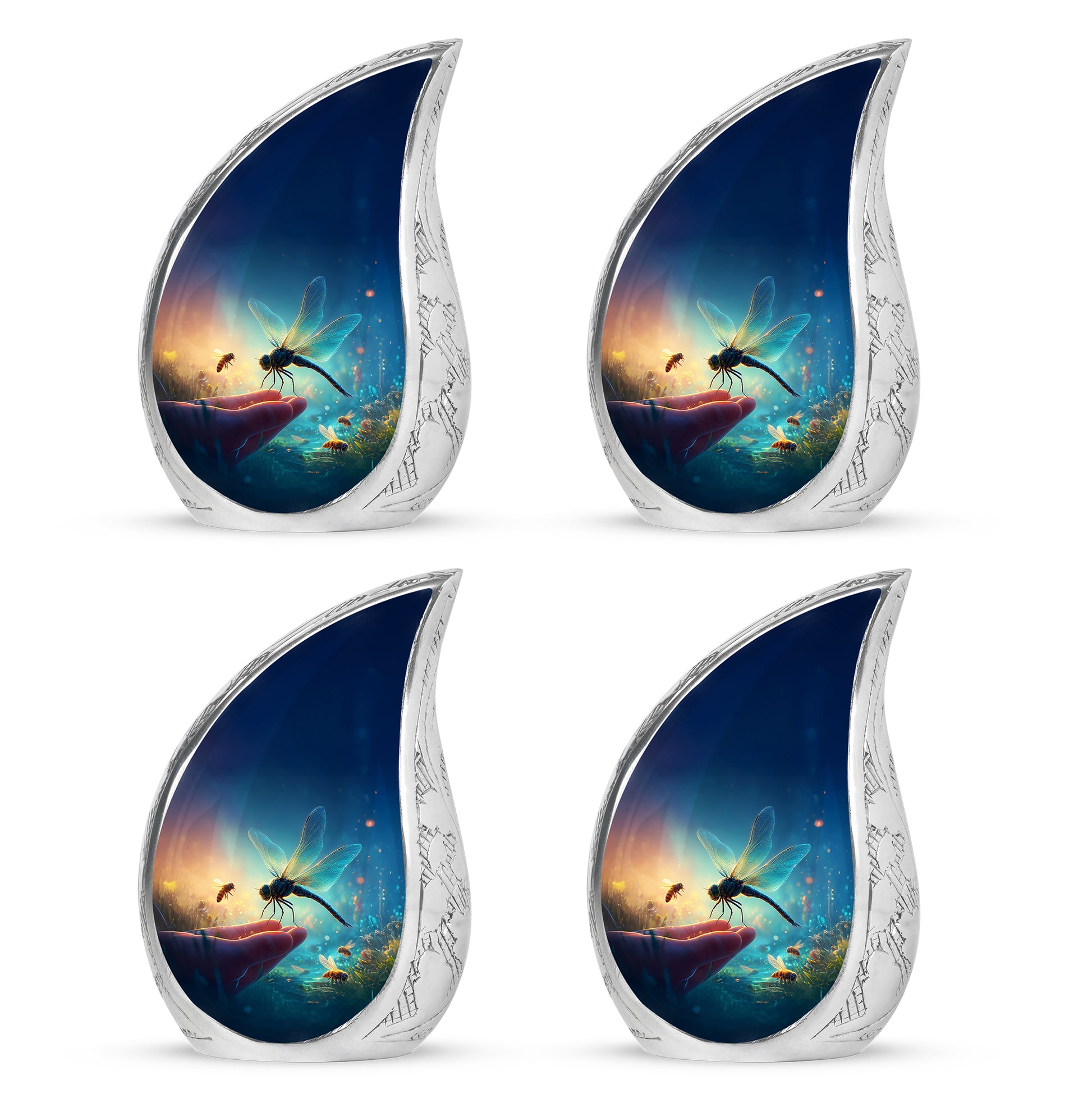 Navy Blue Dragonfly Cremation Urn close-up of engraving and surface detail - flowing teardrop dragonfly silhouette on curved aluminum - 10 inch aluminum urn for cremated remains