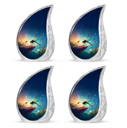 Navy Blue Dragonfly Cremation Urn close-up of engraving and surface detail - flowing teardrop dragonfly silhouette on curved aluminum - 10 inch aluminum urn for cremated remains