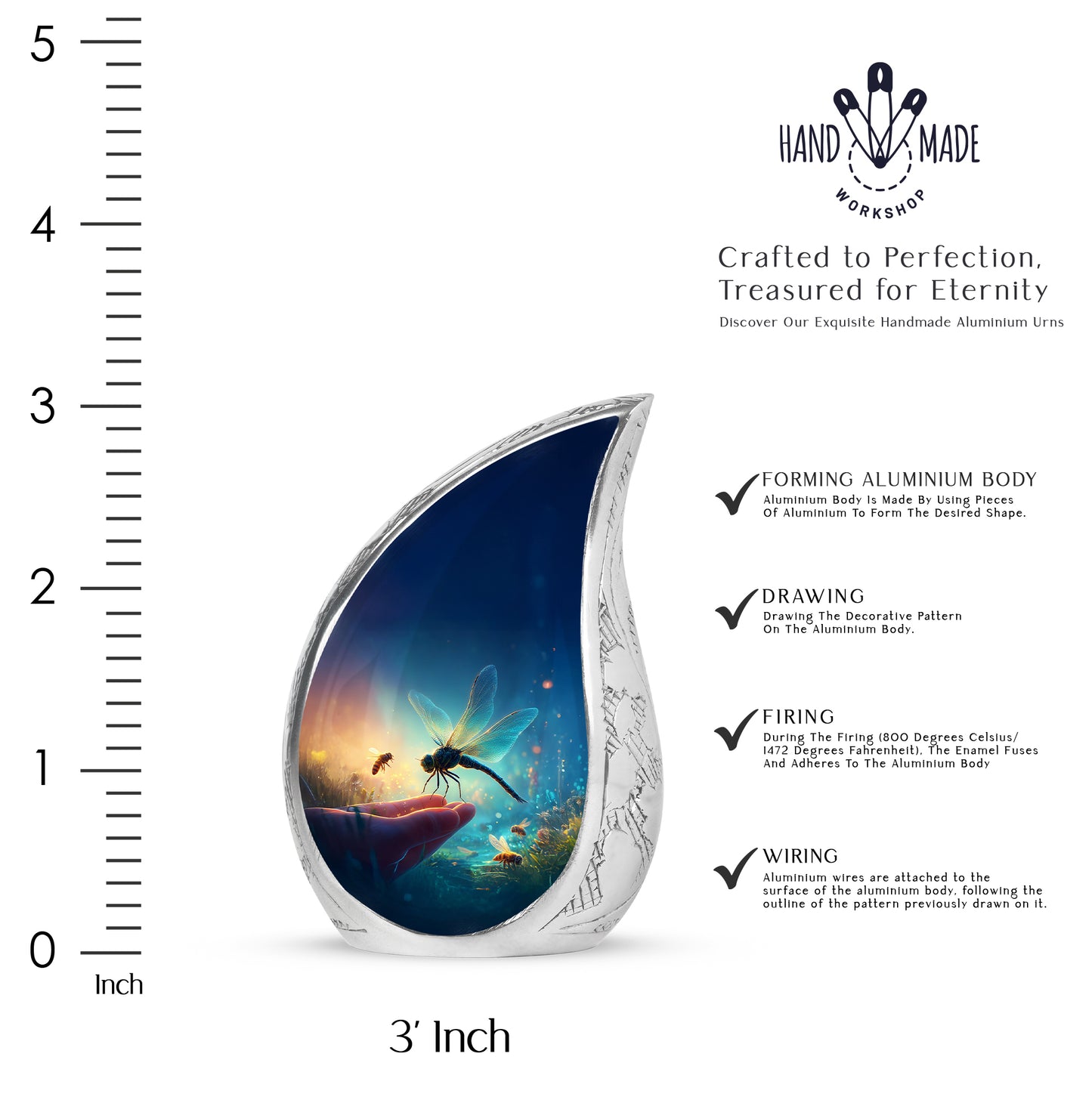 Calming Blue Dragonfly Cremation Urn angled view of lid and engraved motif - graceful tear-shaped urn with dragonfly motif - mini keepsake memorial for portion of cremation ashes