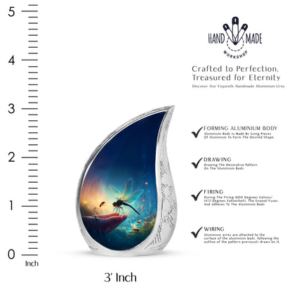 Calming Blue Dragonfly Cremation Urn angled view of lid and engraved motif - graceful tear-shaped urn with dragonfly motif - mini keepsake memorial for portion of cremation ashes