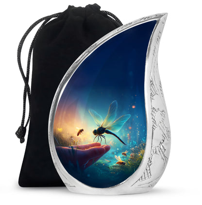 Icy Blue Dragonfly Cremation Urn front view showing detailed design - rounded teardrop dragonfly design with delicate detail - full-size 10 inch 200 cubic inch adult cremation urn
