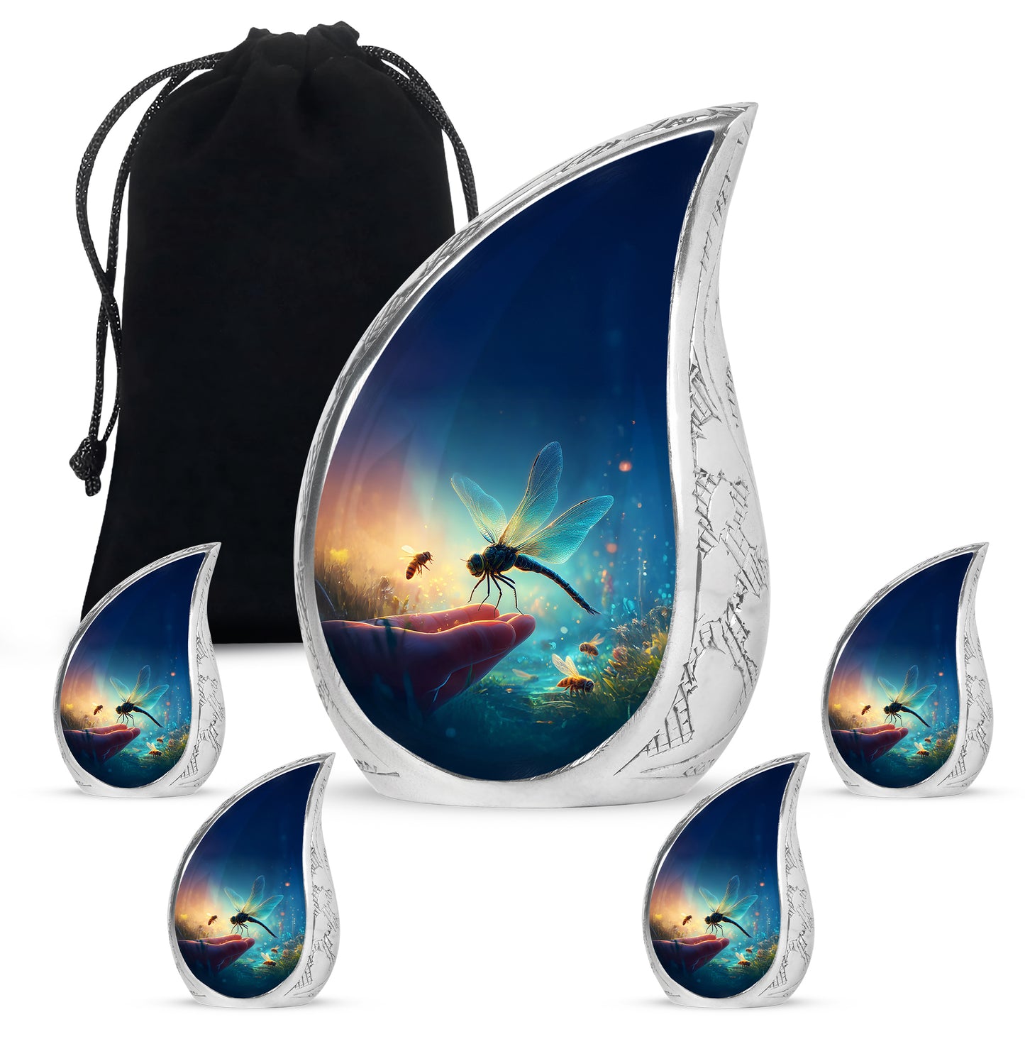 Sky Blue Dragonfly Cremation Urn side profile showing urn shape - flowing teardrop dragonfly silhouette on curved aluminum - memorial set with one large and four small urns