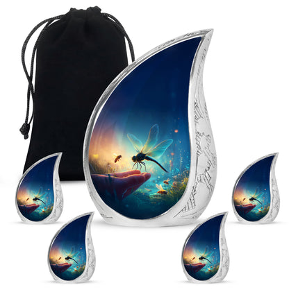 Sky Blue Dragonfly Cremation Urn side profile showing urn shape - flowing teardrop dragonfly silhouette on curved aluminum - memorial set with one large and four small urns