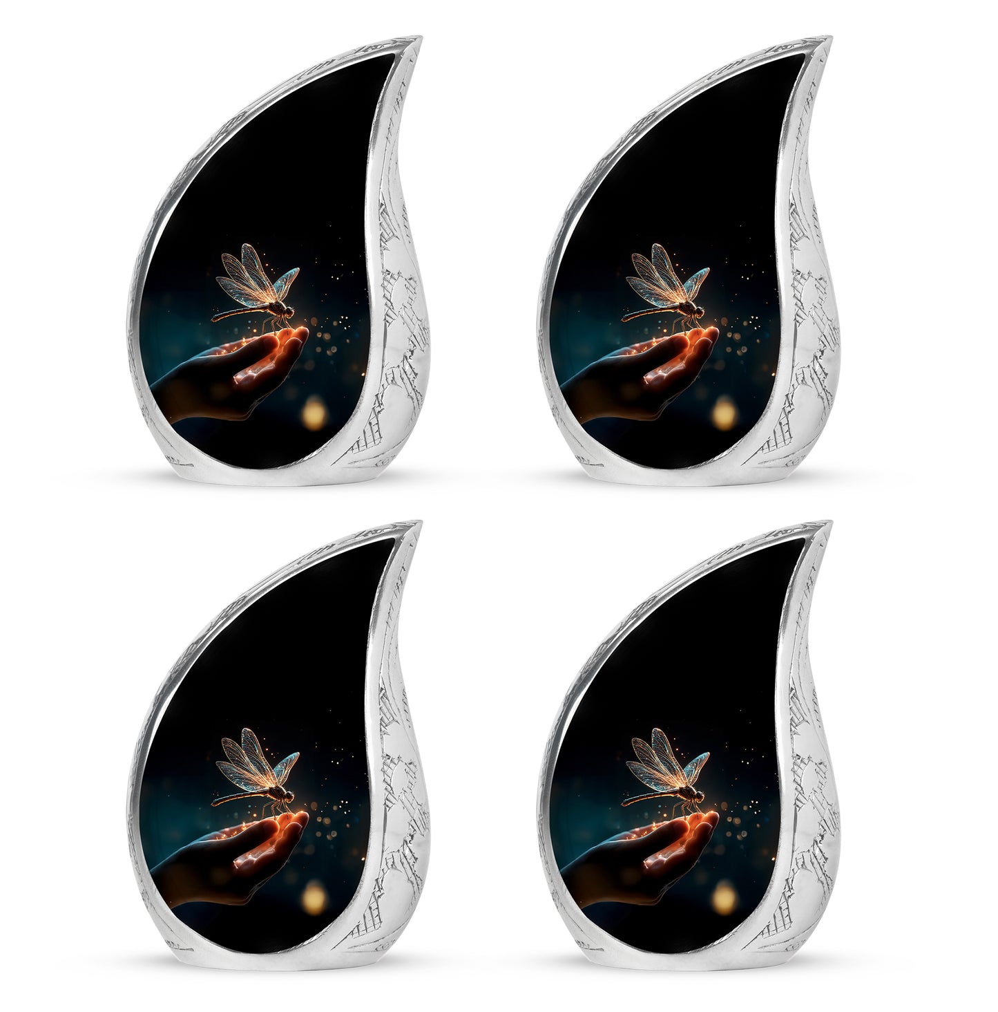 Obsidian Black Dragonfly Cremation Urn close-up of engraving and surface detail - smooth teardrop contour featuring dragonfly art - 10 inch aluminum urn for cremated remains