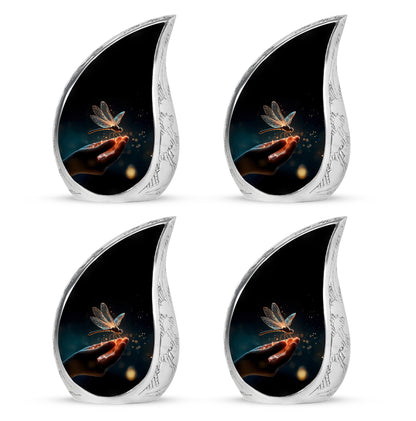 Obsidian Black Dragonfly Cremation Urn close-up of engraving and surface detail - smooth teardrop contour featuring dragonfly art - 10 inch aluminum urn for cremated remains