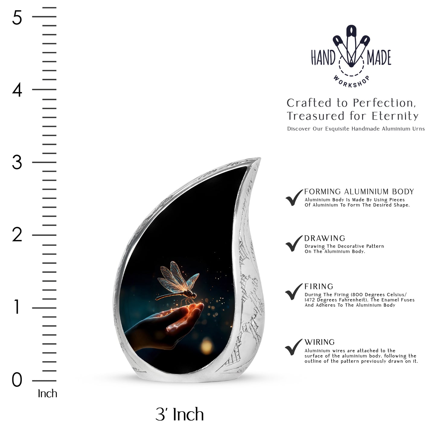 Dark Black Dragonfly Cremation Urn angled view of lid and engraved motif - smooth teardrop contour featuring dragonfly art - mini keepsake memorial for portion of cremation ashes
