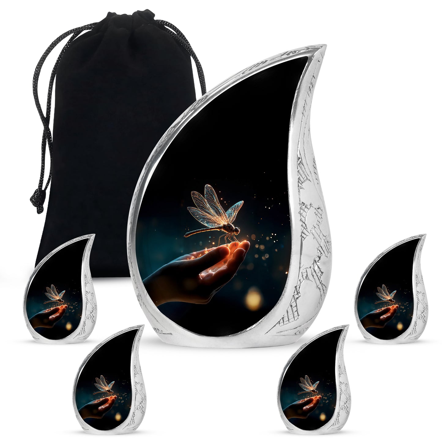 Dark Black Dragonfly Cremation Urn side profile showing urn shape - smooth teardrop contour featuring dragonfly art - memorial set with one large and four small urns