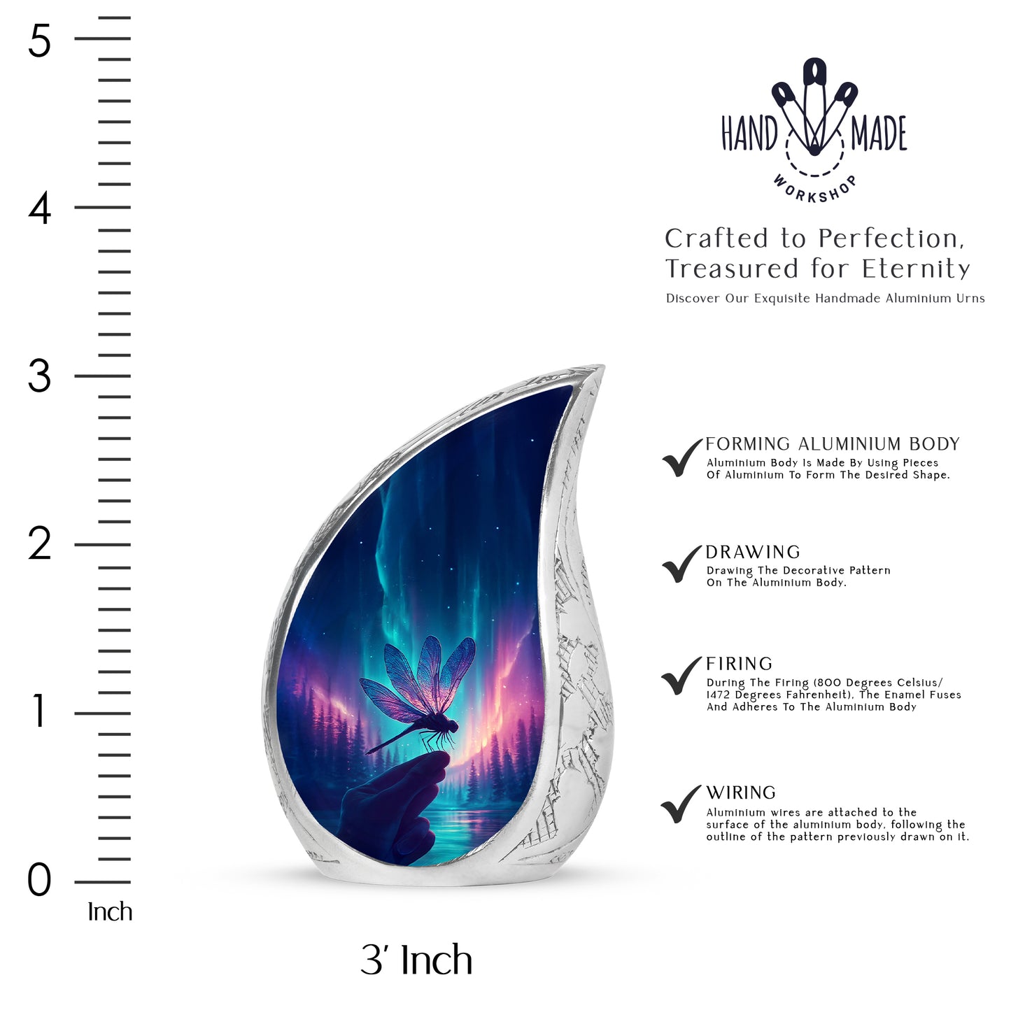 Sapphire Blue Dragonfly Cremation Urn angled view of lid and engraved motif - graceful tear-shaped urn with dragonfly motif - mini keepsake memorial for portion of cremation ashes