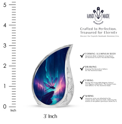 Sapphire Blue Dragonfly Cremation Urn angled view of lid and engraved motif - graceful tear-shaped urn with dragonfly motif - mini keepsake memorial for portion of cremation ashes