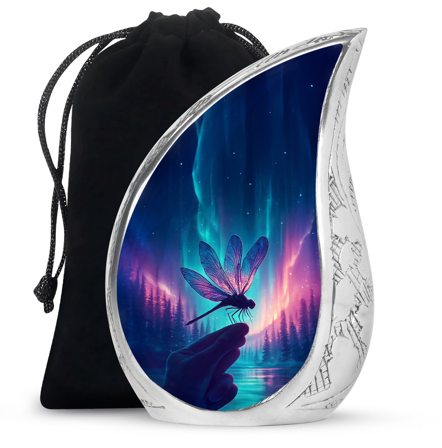 Twilight Blue Dragonfly Cremation Urn front view showing detailed design - graceful tear-shaped urn with dragonfly motif - full-size 10 inch 200 cubic inch adult cremation urn