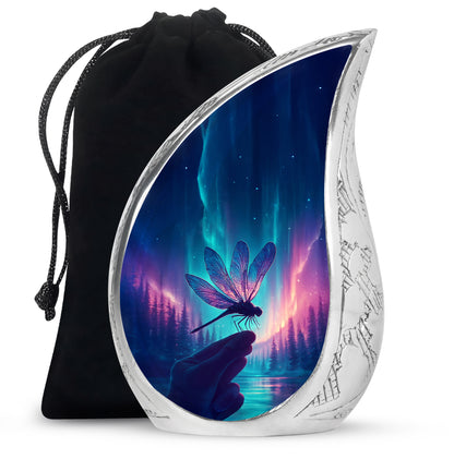 Twilight Blue Dragonfly Cremation Urn front view showing detailed design - graceful tear-shaped urn with dragonfly motif - full-size 10 inch 200 cubic inch adult cremation urn