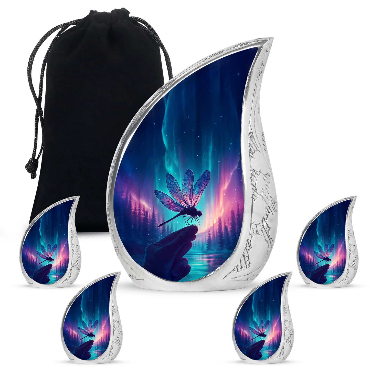 Cobalt Blue Dragonfly Cremation Urn side profile showing urn shape - smooth teardrop contour featuring dragonfly art - memorial set with one large and four small urns
