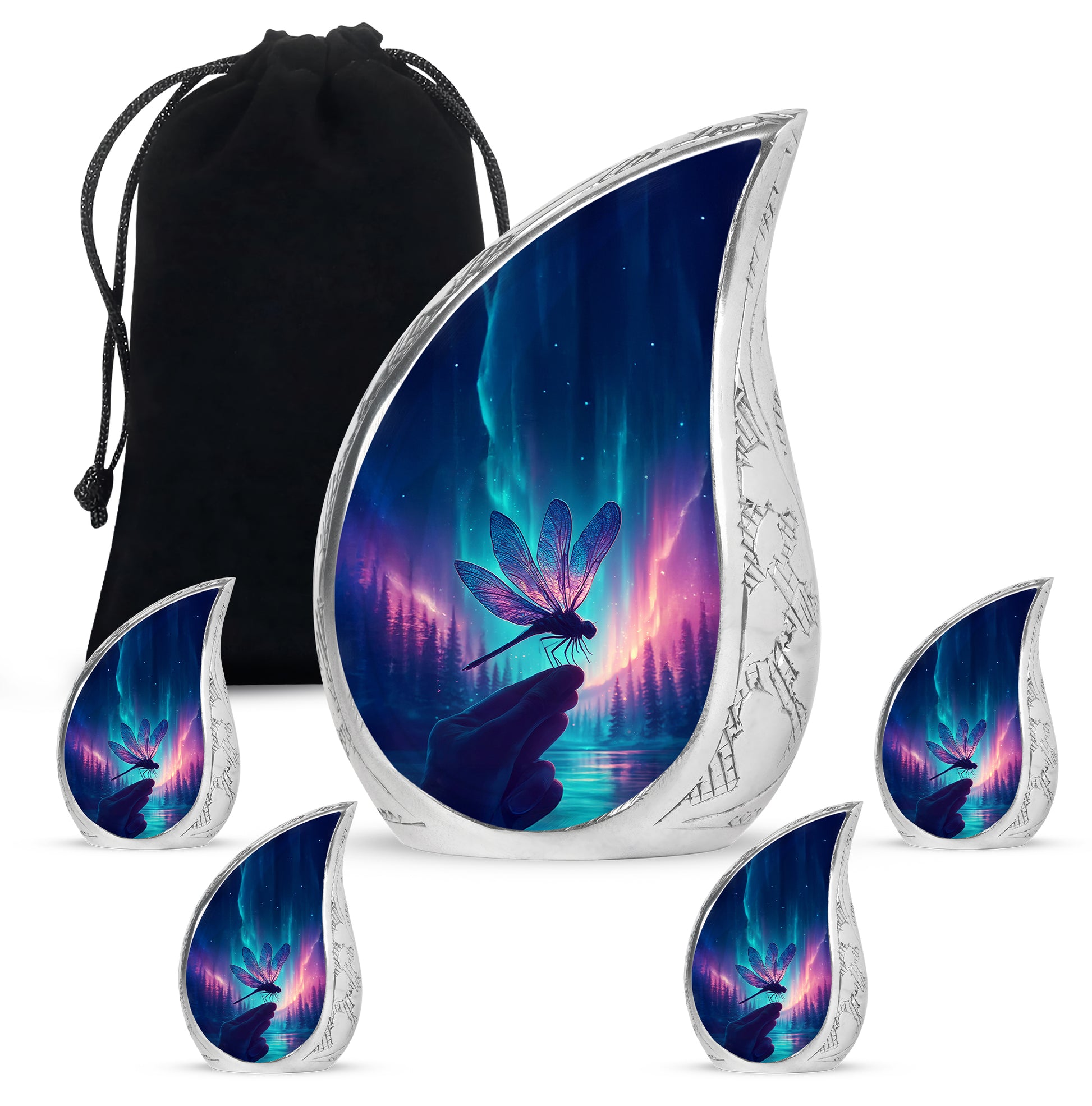Cobalt Blue Dragonfly Cremation Urn side profile showing urn shape - smooth teardrop contour featuring dragonfly art - memorial set with one large and four small urns