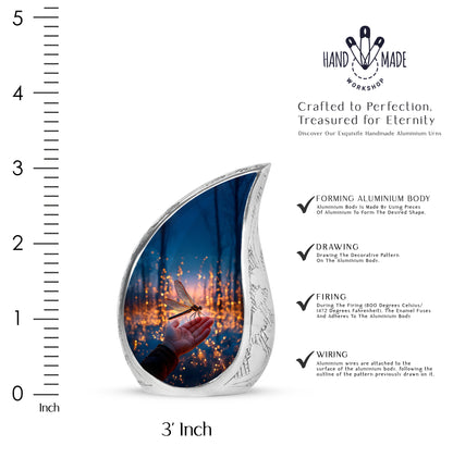 Steel Blue Dragonfly Cremation Urn angled view of lid and engraved motif - graceful tear-shaped urn with dragonfly motif - mini keepsake memorial for portion of cremation ashes