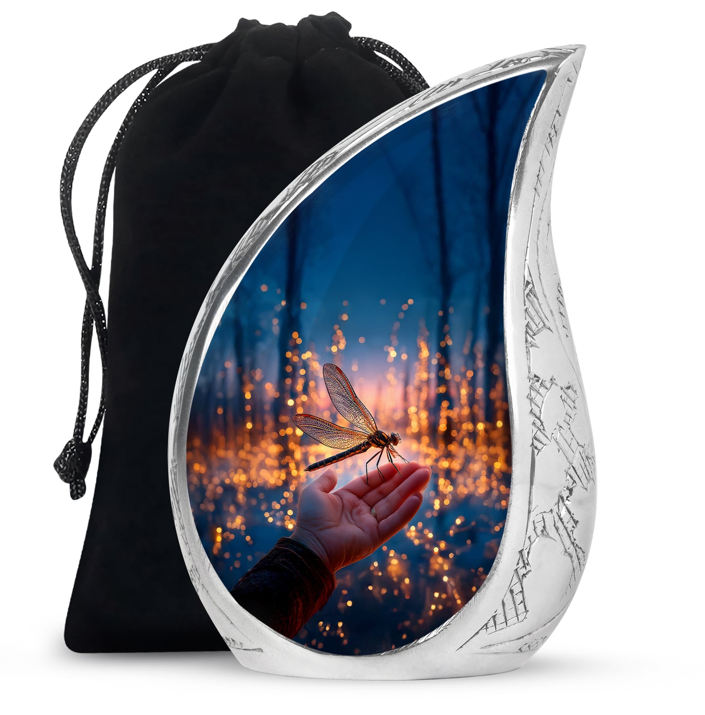 Celestial Blue Dragonfly Cremation Urn front view showing detailed design - flowing teardrop dragonfly silhouette on curved aluminum - full-size 10 inch 200 cubic inch adult cremation urn