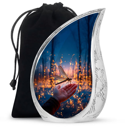 Celestial Blue Dragonfly Cremation Urn front view showing detailed design - flowing teardrop dragonfly silhouette on curved aluminum - full-size 10 inch 200 cubic inch adult cremation urn