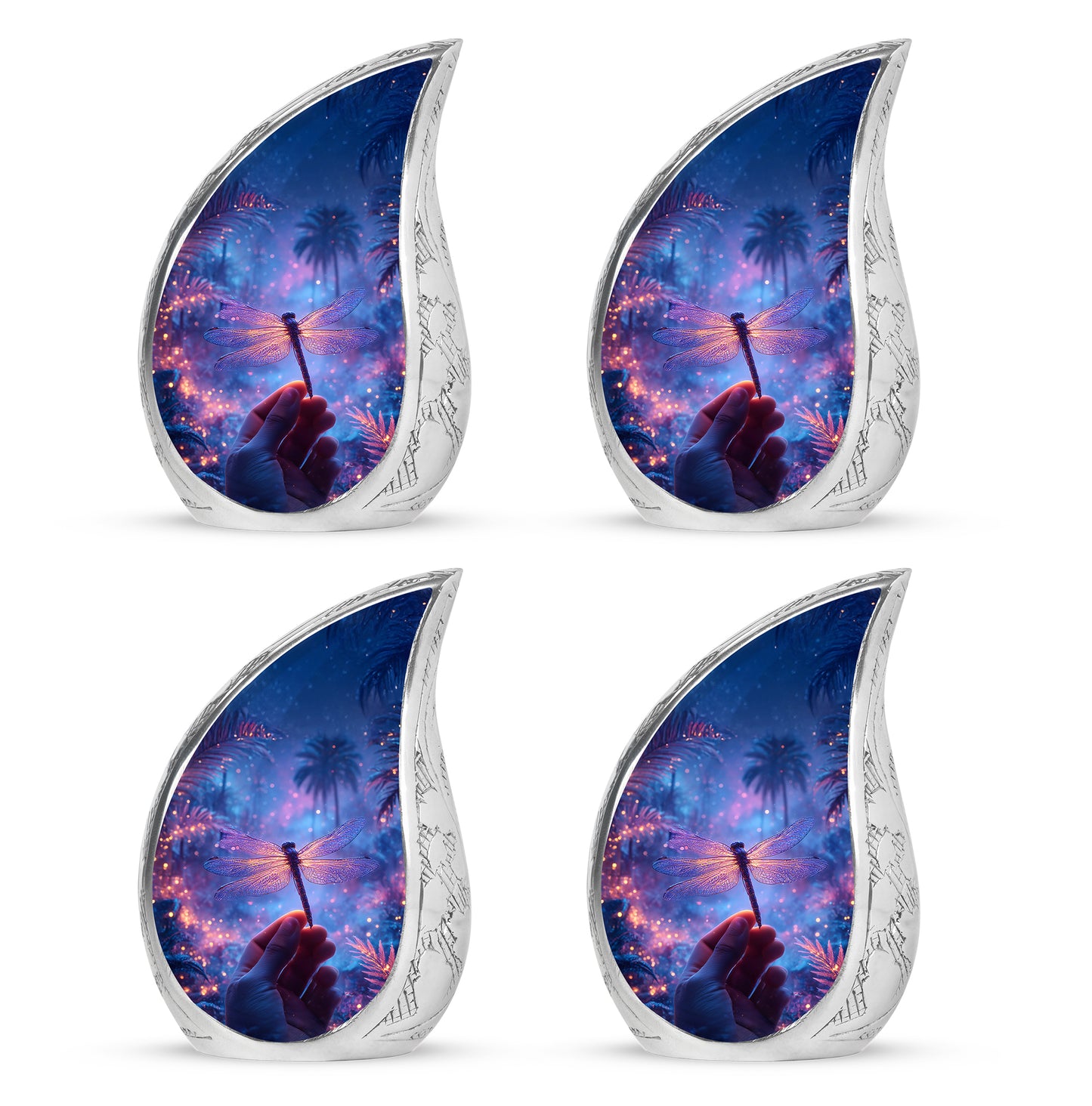 Cornflower Blue Dragonfly Cremation Urn close-up of engraving and surface detail - smooth teardrop contour featuring dragonfly art - 10 inch aluminum urn for cremated remains