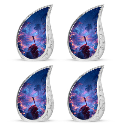 Cornflower Blue Dragonfly Cremation Urn close-up of engraving and surface detail - smooth teardrop contour featuring dragonfly art - 10 inch aluminum urn for cremated remains