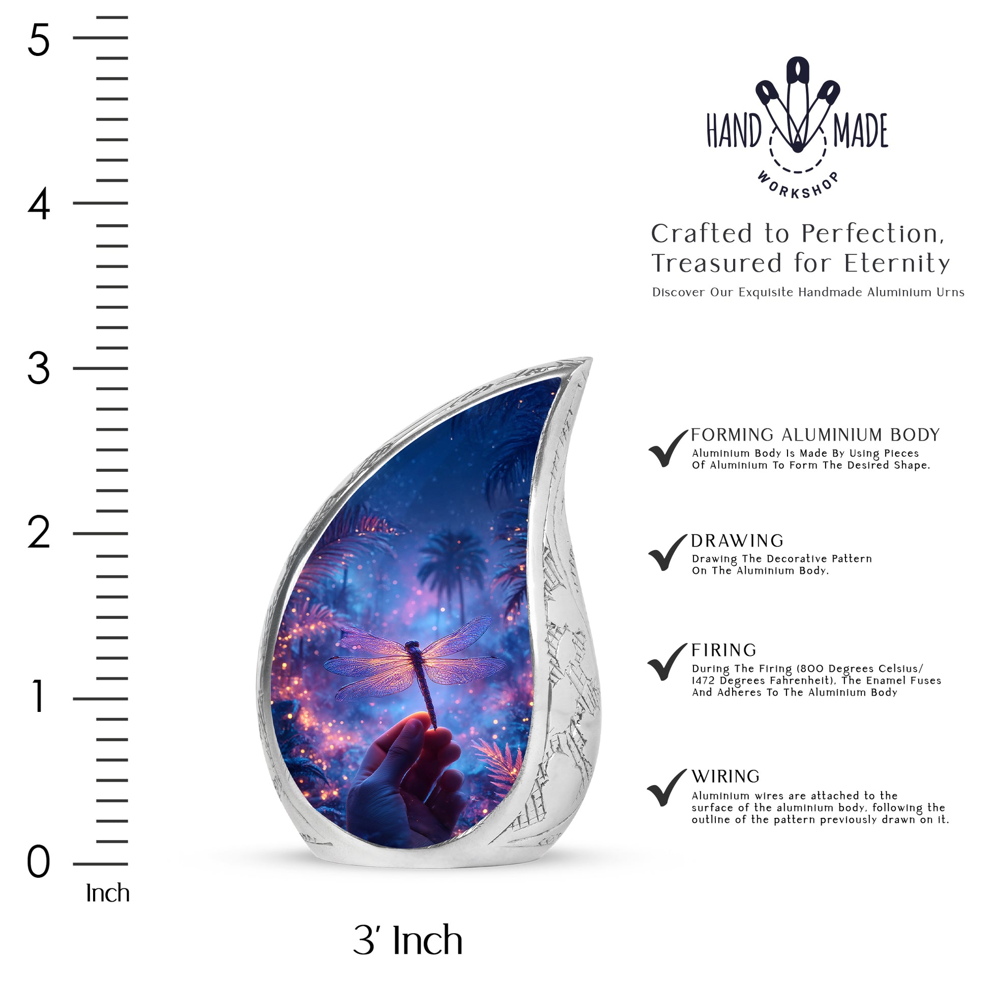 Celestial Blue Dragonfly Cremation Urn angled view of lid and engraved motif - rounded teardrop dragonfly design with delicate detail - mini keepsake memorial for portion of cremation ashes