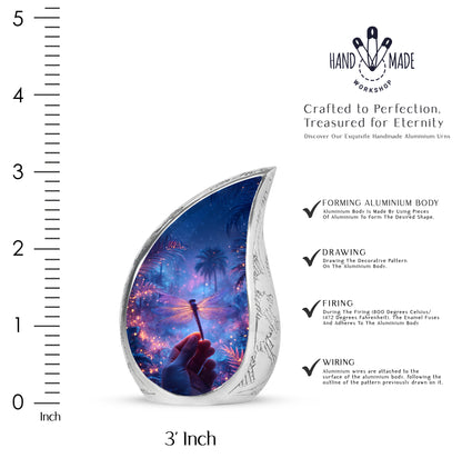 Celestial Blue Dragonfly Cremation Urn angled view of lid and engraved motif - rounded teardrop dragonfly design with delicate detail - mini keepsake memorial for portion of cremation ashes