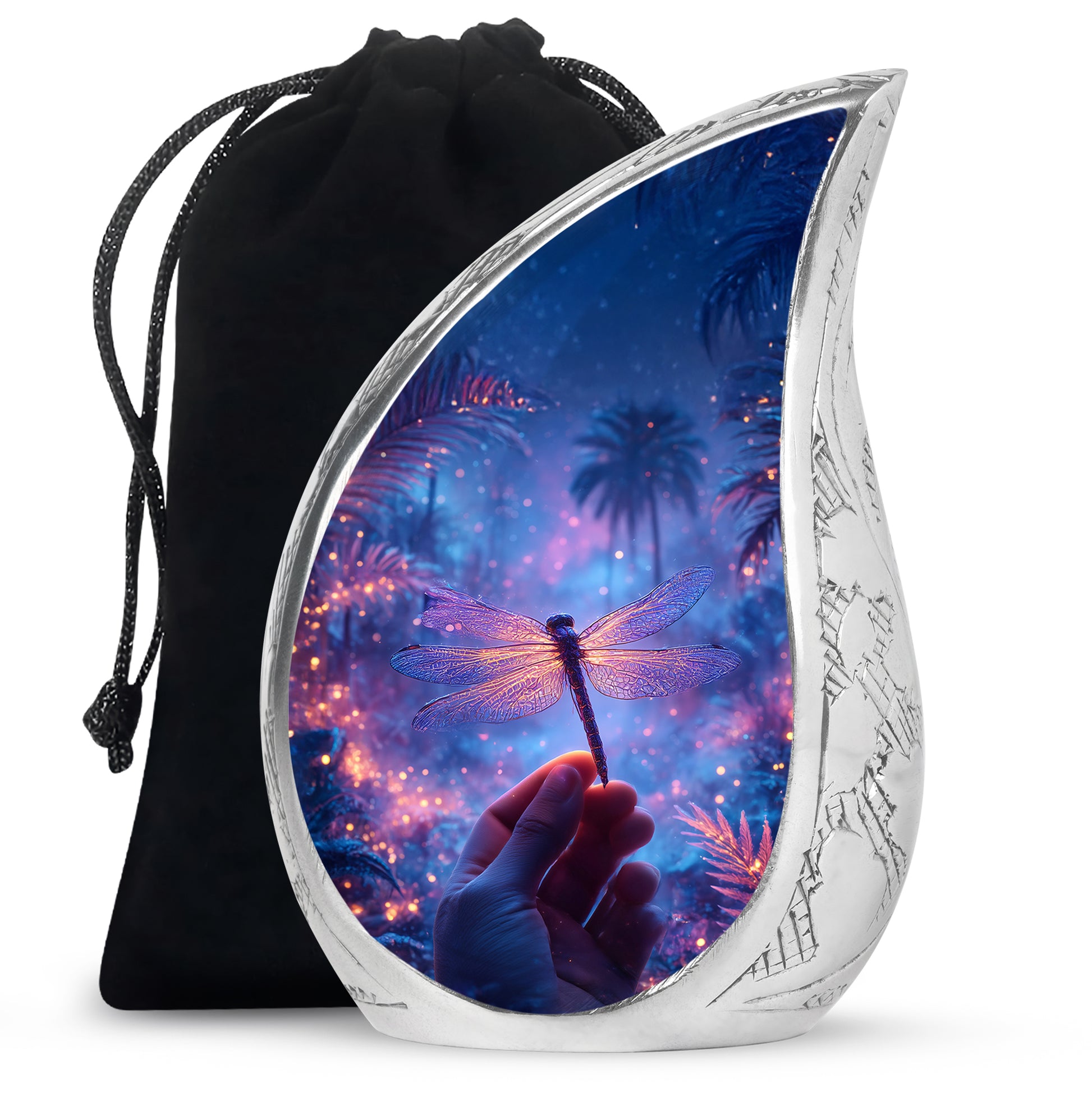 Sky Blue Dragonfly Cremation Urn front view showing detailed design - flowing teardrop dragonfly silhouette on curved aluminum - full-size 10 inch 200 cubic inch adult cremation urn