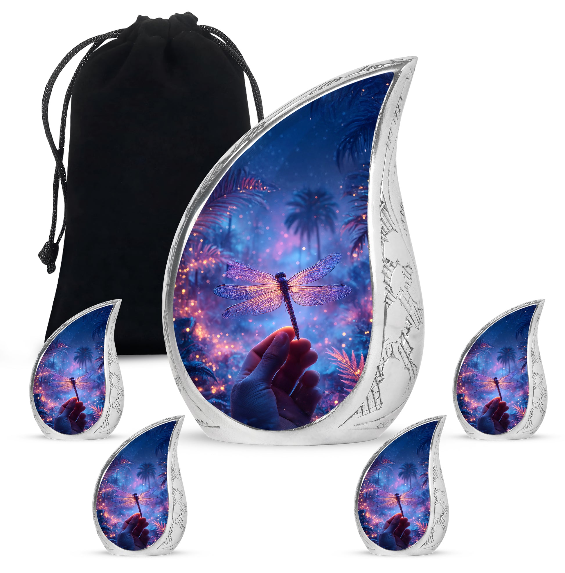 Cobalt Blue Dragonfly Cremation Urn side profile showing urn shape - smooth teardrop contour featuring dragonfly art - memorial set with one large and four small urns