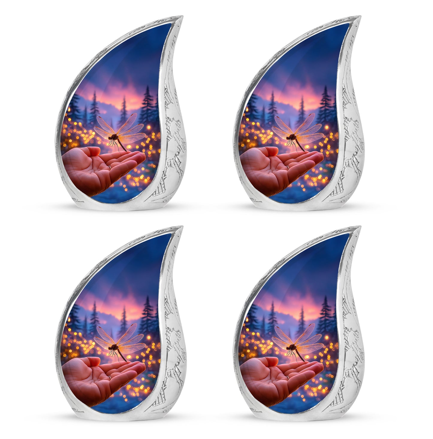 Sky Blue Dragonfly Cremation Urn close-up of engraving and surface detail - flowing teardrop dragonfly silhouette on curved aluminum - 10 inch aluminum urn for cremated remains