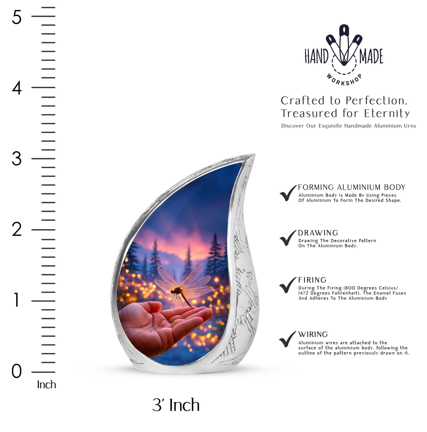 Vivid Blue Dragonfly Cremation Urn angled view of lid and engraved motif - graceful tear-shaped urn with dragonfly motif - mini keepsake memorial for portion of cremation ashes