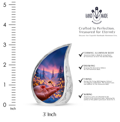 Vivid Blue Dragonfly Cremation Urn angled view of lid and engraved motif - graceful tear-shaped urn with dragonfly motif - mini keepsake memorial for portion of cremation ashes