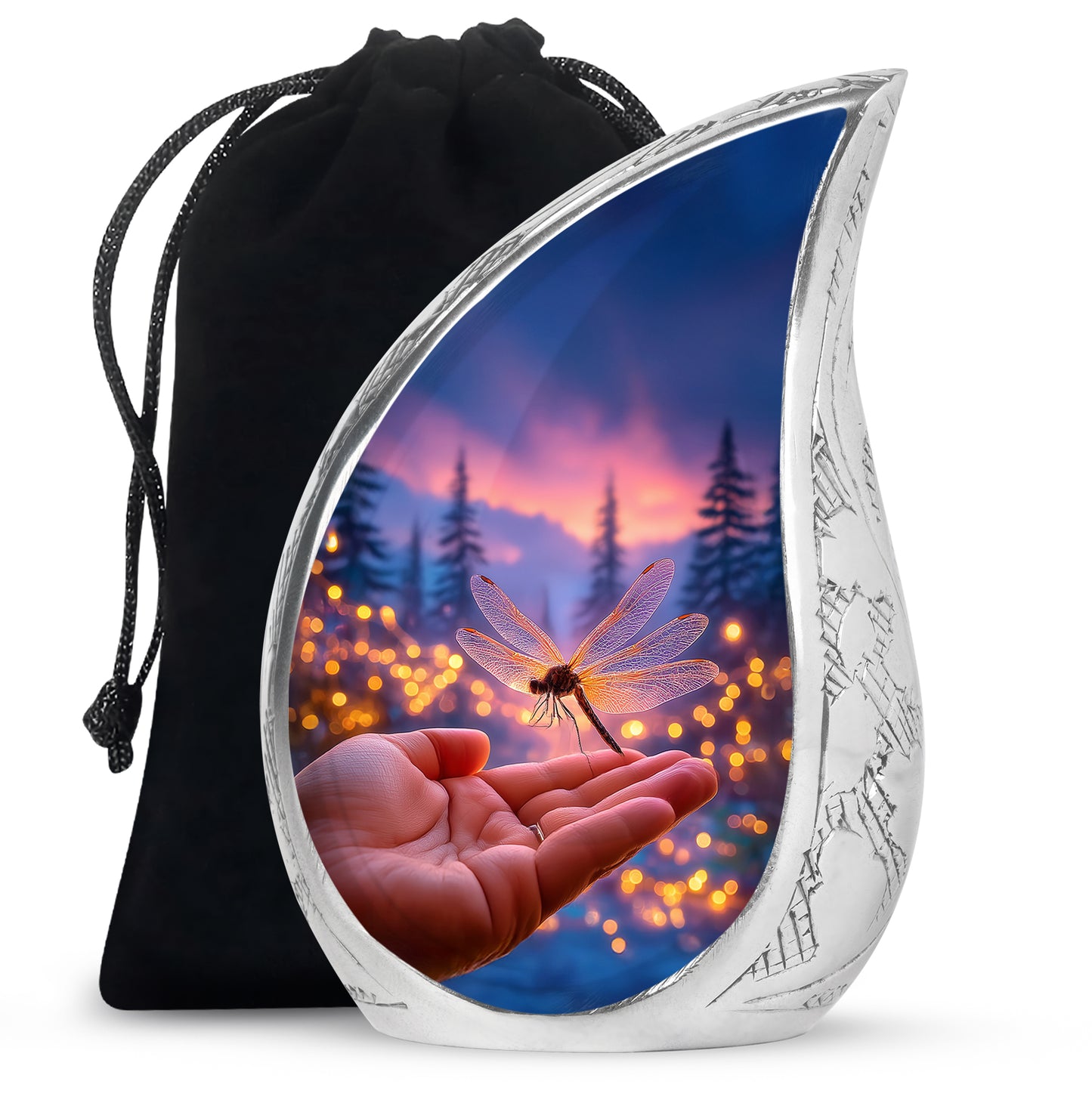 Steel Blue Dragonfly Cremation Urn front view showing detailed design - graceful tear-shaped urn with dragonfly motif - full-size 10 inch 200 cubic inch adult cremation urn