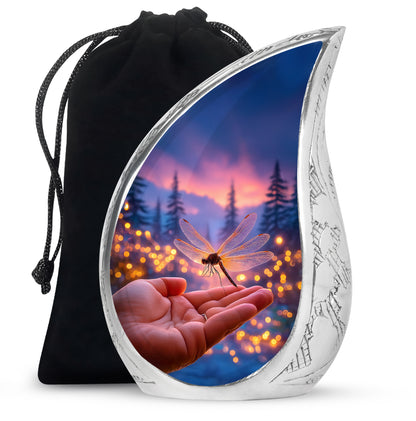 Steel Blue Dragonfly Cremation Urn front view showing detailed design - graceful tear-shaped urn with dragonfly motif - full-size 10 inch 200 cubic inch adult cremation urn