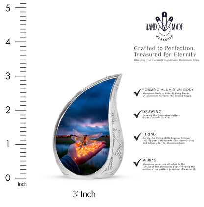 Indigo Dragonfly Cremation Urn angled view of lid and engraved motif - rounded teardrop dragonfly design with delicate detail - mini keepsake memorial for portion of cremation ashes
