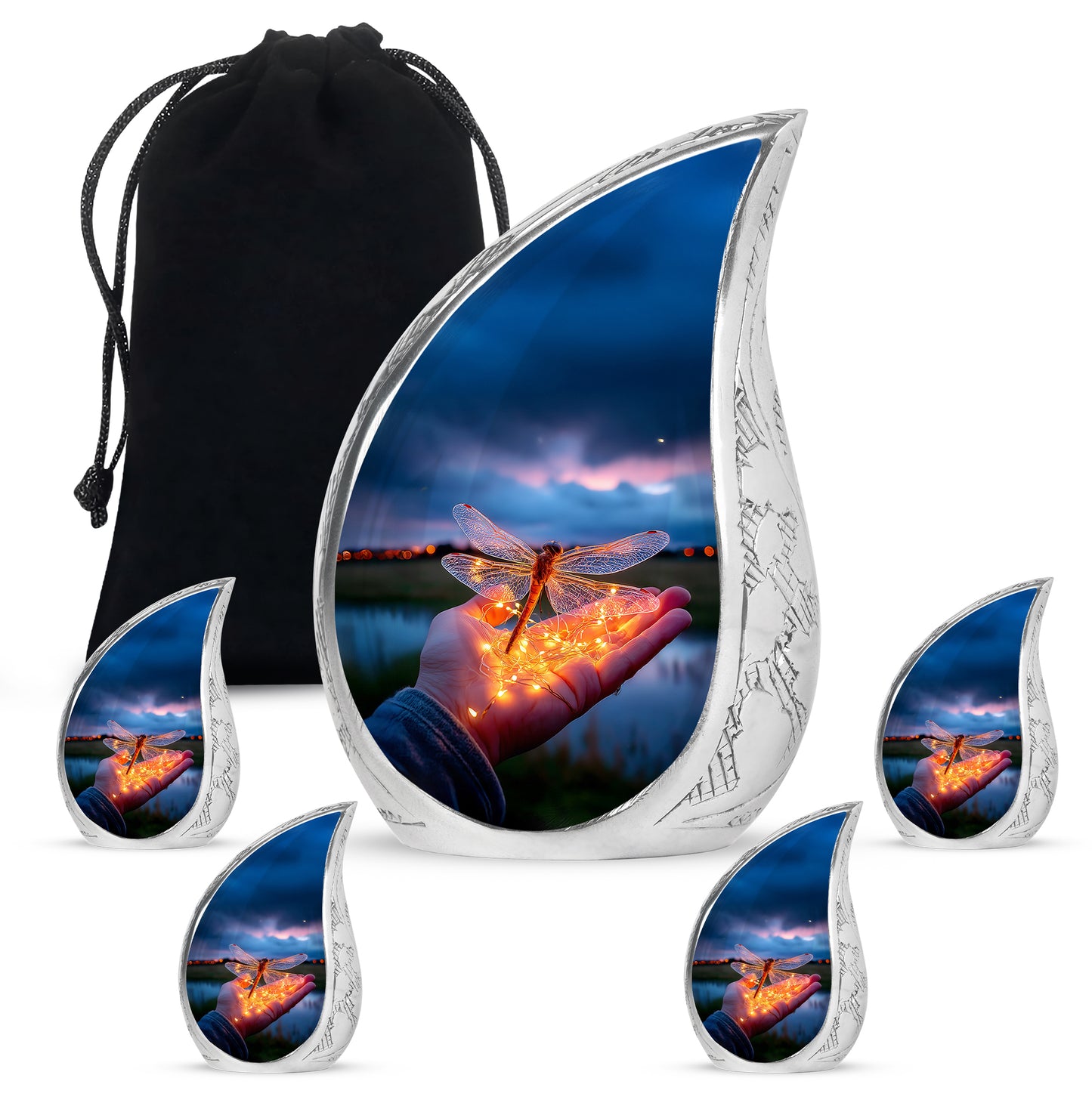 Celestial Blue Dragonfly Cremation Urn side profile showing urn shape - flowing teardrop dragonfly silhouette on curved aluminum - memorial set with one large and four small urns
