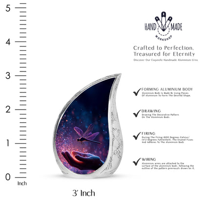 Sapphire Blue Dragonfly Cremation Urn angled view of lid and engraved motif - graceful tear-shaped urn with dragonfly motif - mini keepsake memorial for portion of cremation ashes