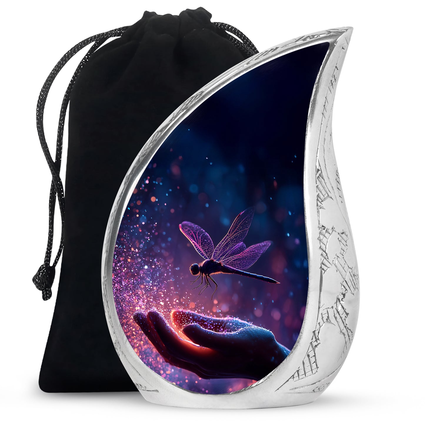 Serene Blue Dragonfly Cremation Urn front view showing detailed design - smooth teardrop contour featuring dragonfly art - full-size 10 inch 200 cubic inch adult cremation urn