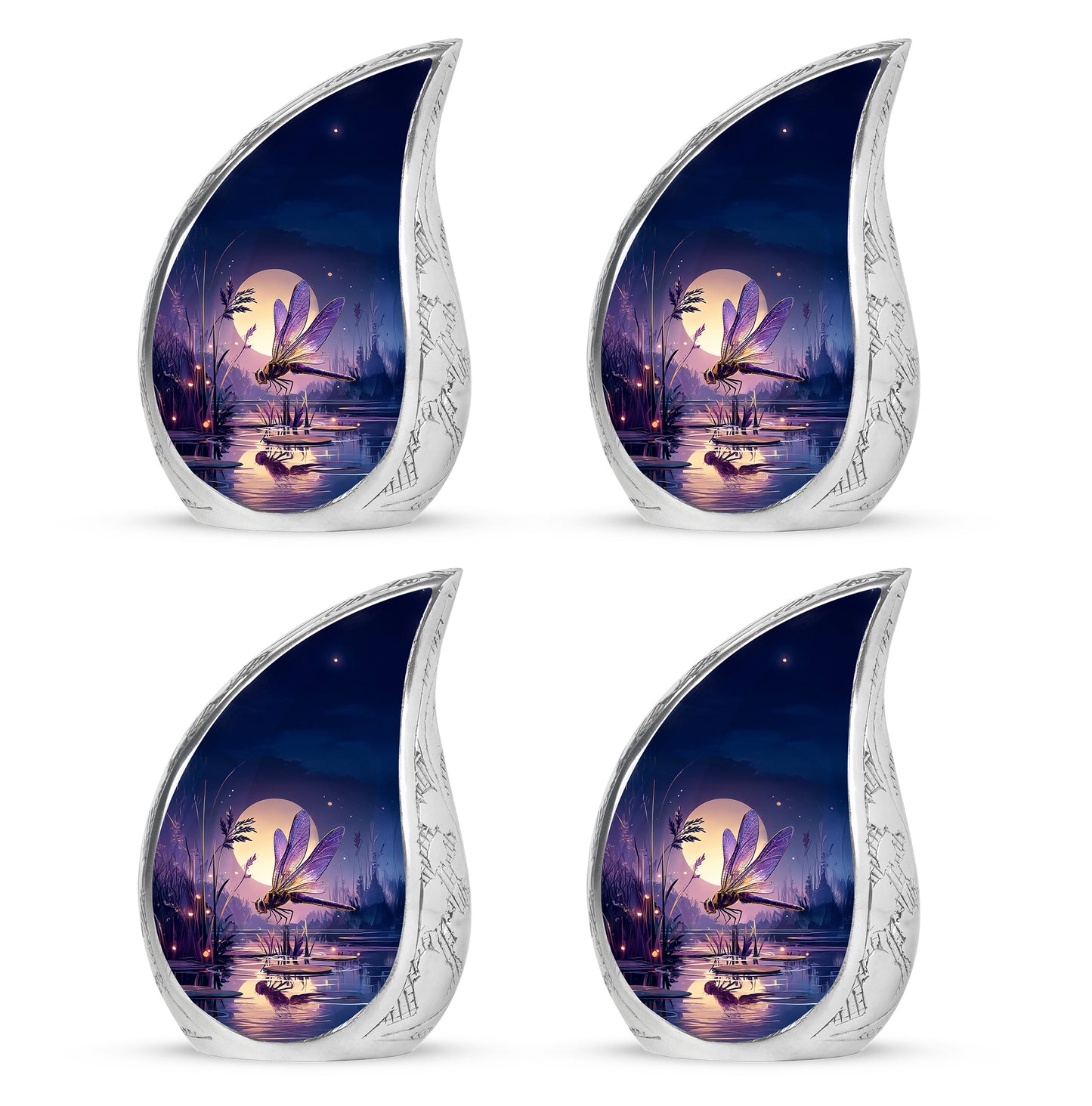 Cornflower Blue Dragonfly Cremation Urn close-up of engraving and surface detail - smooth teardrop contour featuring dragonfly art - 10 inch aluminum urn for cremated remains