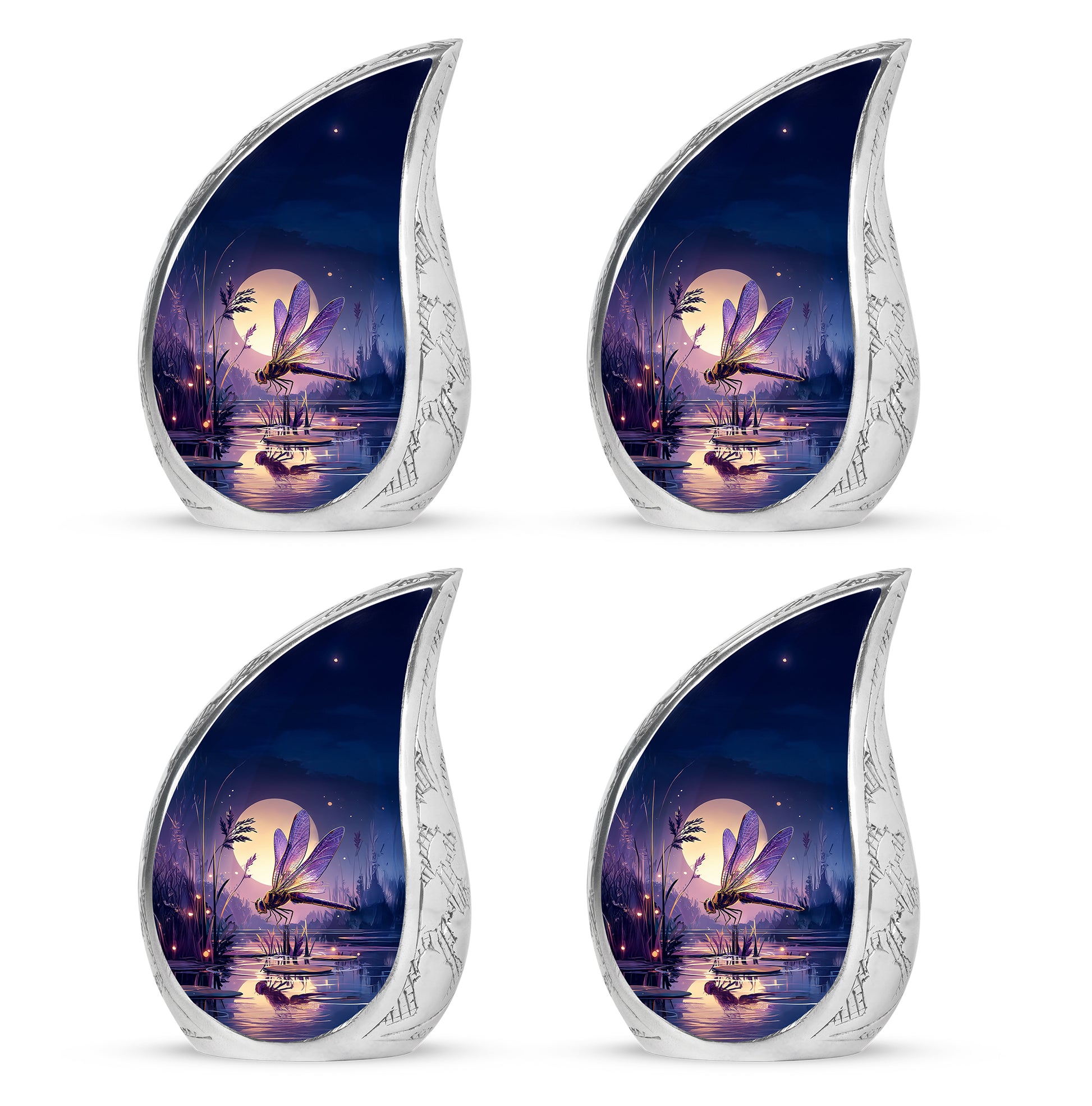 Cornflower Blue Dragonfly Cremation Urn close-up of engraving and surface detail - smooth teardrop contour featuring dragonfly art - 10 inch aluminum urn for cremated remains