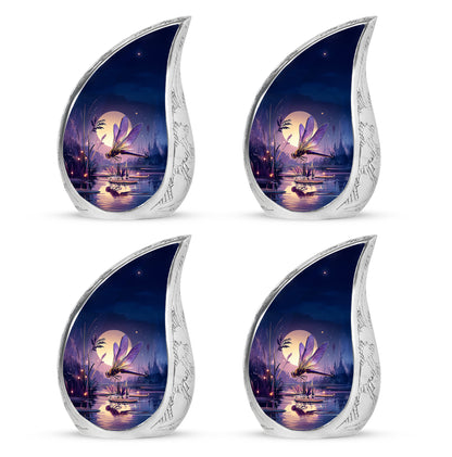 Cornflower Blue Dragonfly Cremation Urn close-up of engraving and surface detail - smooth teardrop contour featuring dragonfly art - 10 inch aluminum urn for cremated remains