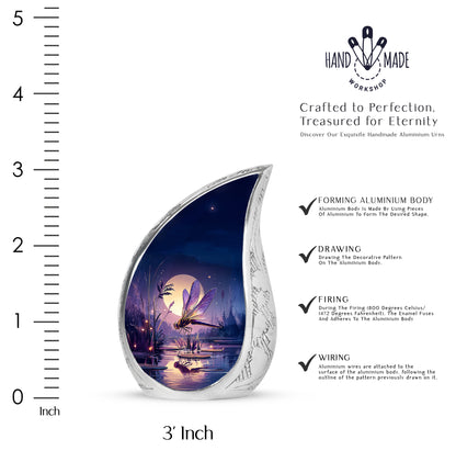 Sky Blue Dragonfly Cremation Urn angled view of lid and engraved motif - rounded teardrop dragonfly design with delicate detail - mini keepsake memorial for portion of cremation ashes