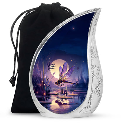 Sky Blue Dragonfly Cremation Urn front view showing detailed design - rounded teardrop dragonfly design with delicate detail - full-size 10 inch 200 cubic inch adult cremation urn