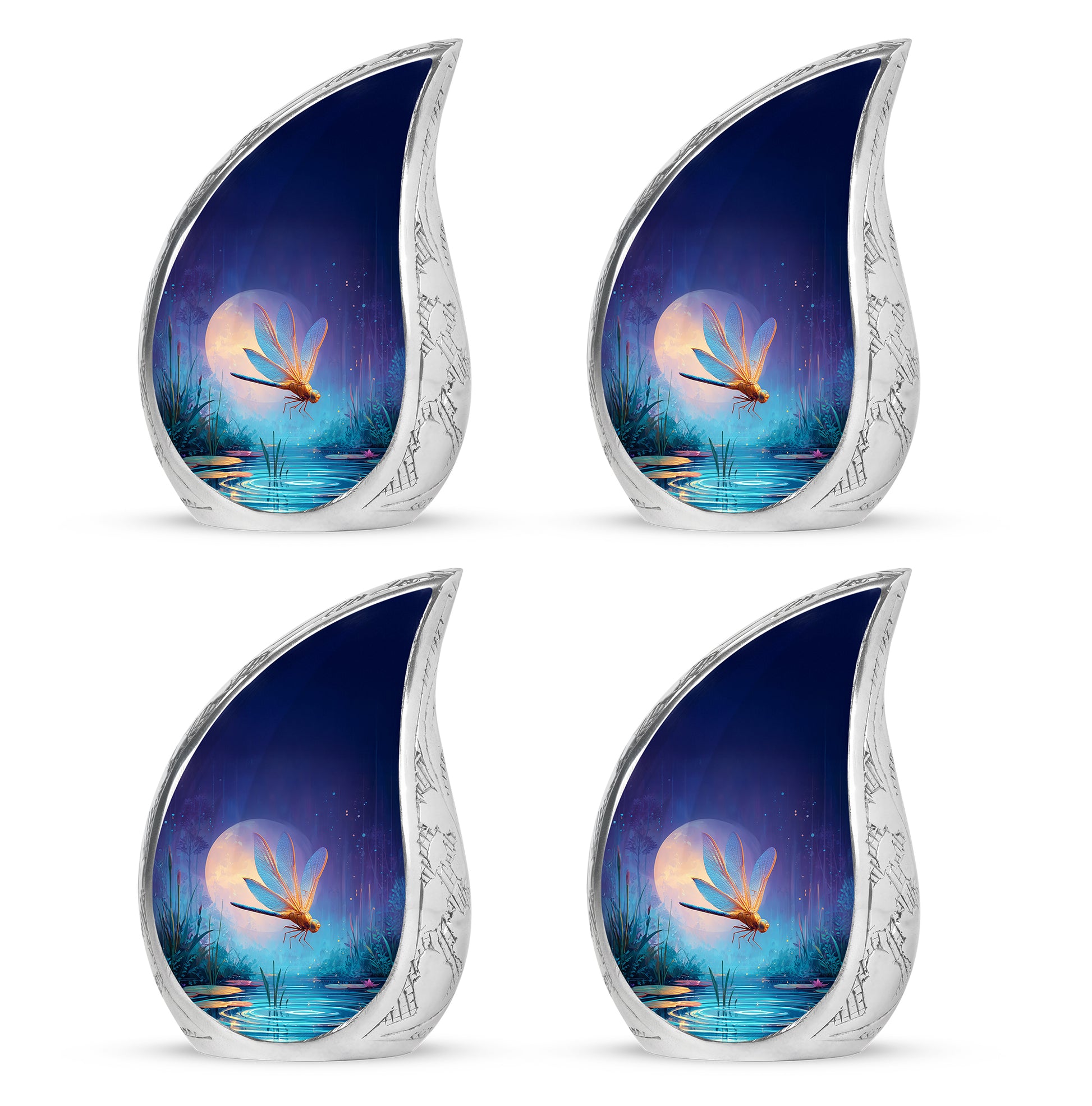 Sky Blue Dragonfly Cremation Urn close-up of engraving and surface detail - flowing teardrop dragonfly silhouette on curved aluminum - 10 inch aluminum urn for cremated remains