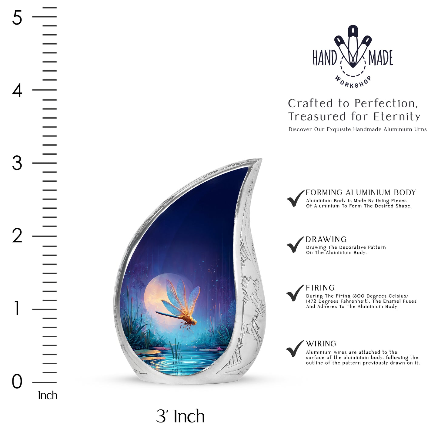 Dusty Blue Dragonfly Cremation Urn angled view of lid and engraved motif - rounded teardrop dragonfly design with delicate detail - mini keepsake memorial for portion of cremation ashes