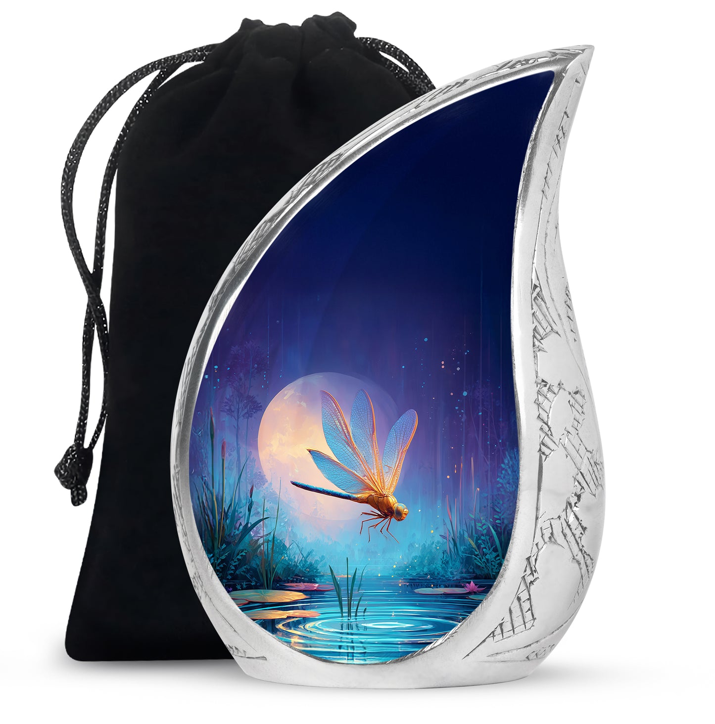 Calming Blue Dragonfly Cremation Urn front view showing detailed design - smooth teardrop contour featuring dragonfly art - full-size 10 inch 200 cubic inch adult cremation urn